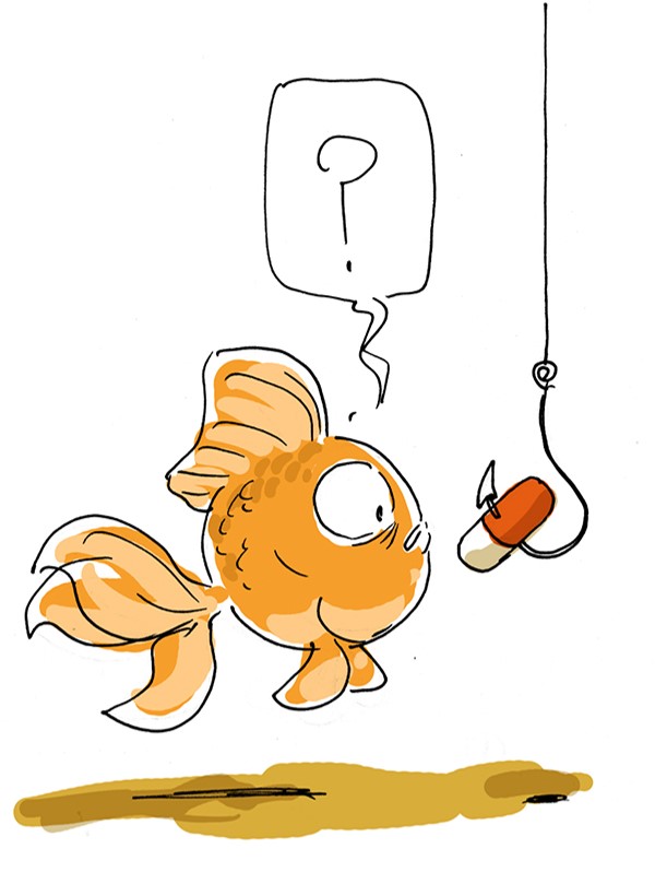 Un poisson qui voit un médicament sur une canne à pêche