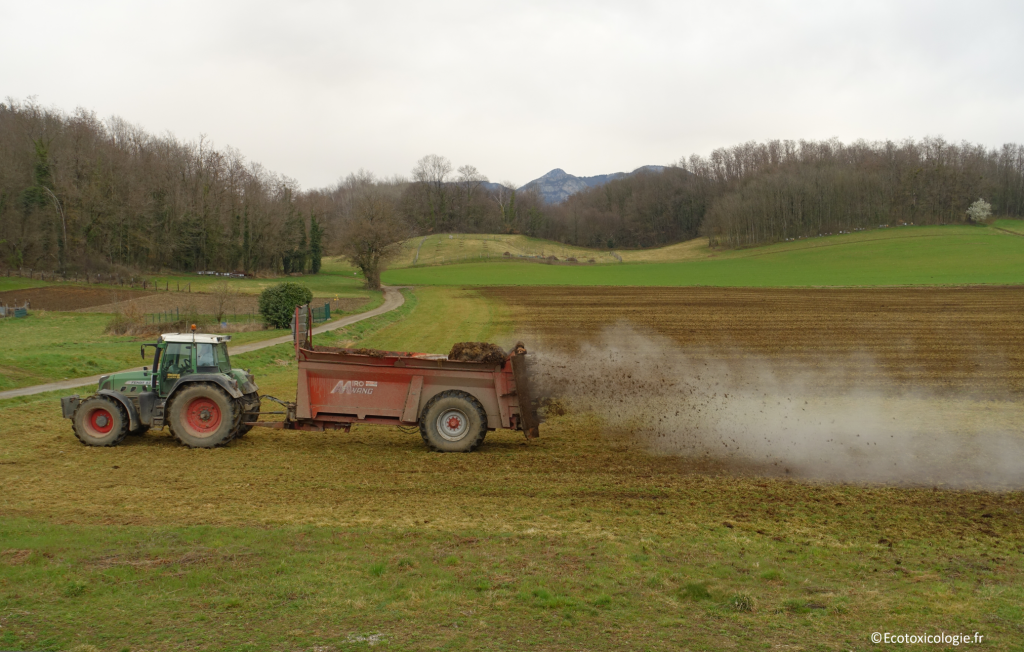 Epandage de fumier par un tracteur dans un champ