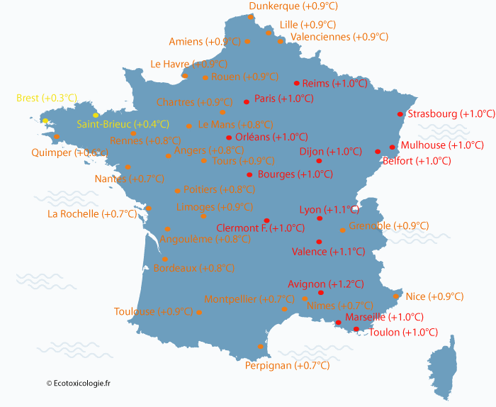 Preuves du réchauffement climatique - Ecart entre les températures moyennes enregistrées entre 2000 et 2017 et tout au long du XXème siècle dans différentes villes françaises