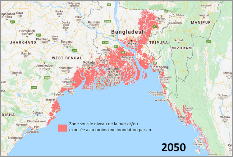 Carte zones sous le niveau de la mer dans la région du Bangladesh en 2050