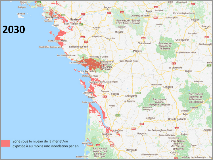 Carte permettant de visualiser les zones sous le niveau de la mer ou exposées au risque inondation dans la région de Nantes Bordeaux en 2030