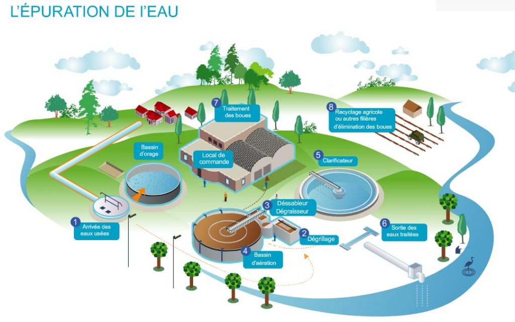Schéma de fonctionnement d'une station d'épuration par boues activées (fonctionnement le plus répandu en France)