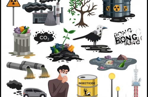 Illustration de toutes les formes de pollution : chimique, sonore, lumineuse, déchets solides, électromagnétique, etc.